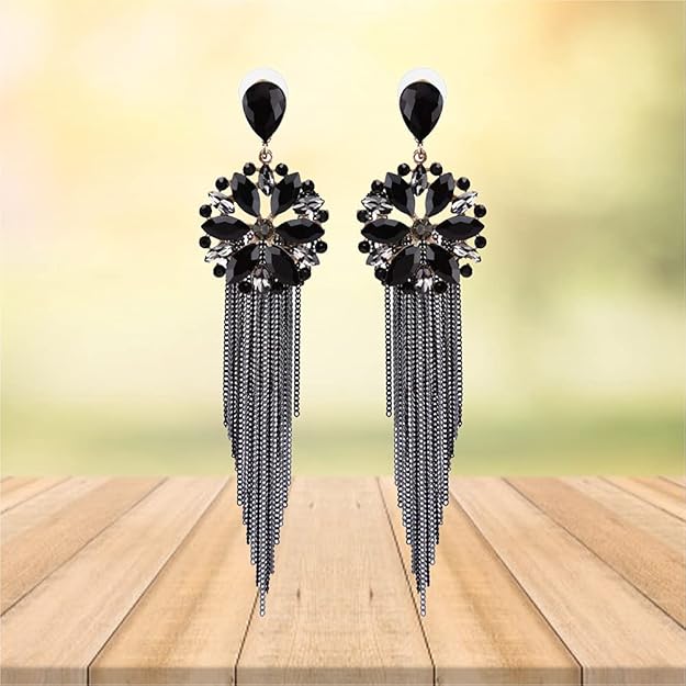 Stylish Latest Western Ear rings Gold Plated Crystal Handmade Tassel Long Earrings for Girls and Women - Image 2