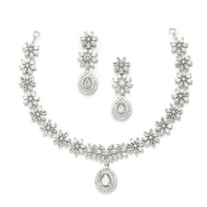 Rhodium-Plated with Silver-Toned Floral Design White American Diamond Studded Jewellery Set